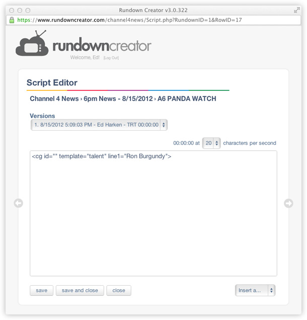 CG code in script in Rundown Creator