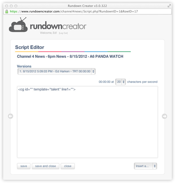 CG code in script in Rundown Creator