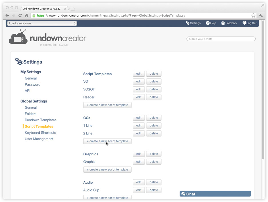 Creating a new script template for a CG in Rundown Creator