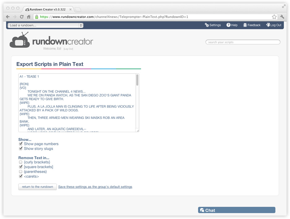 Teleprompter settings