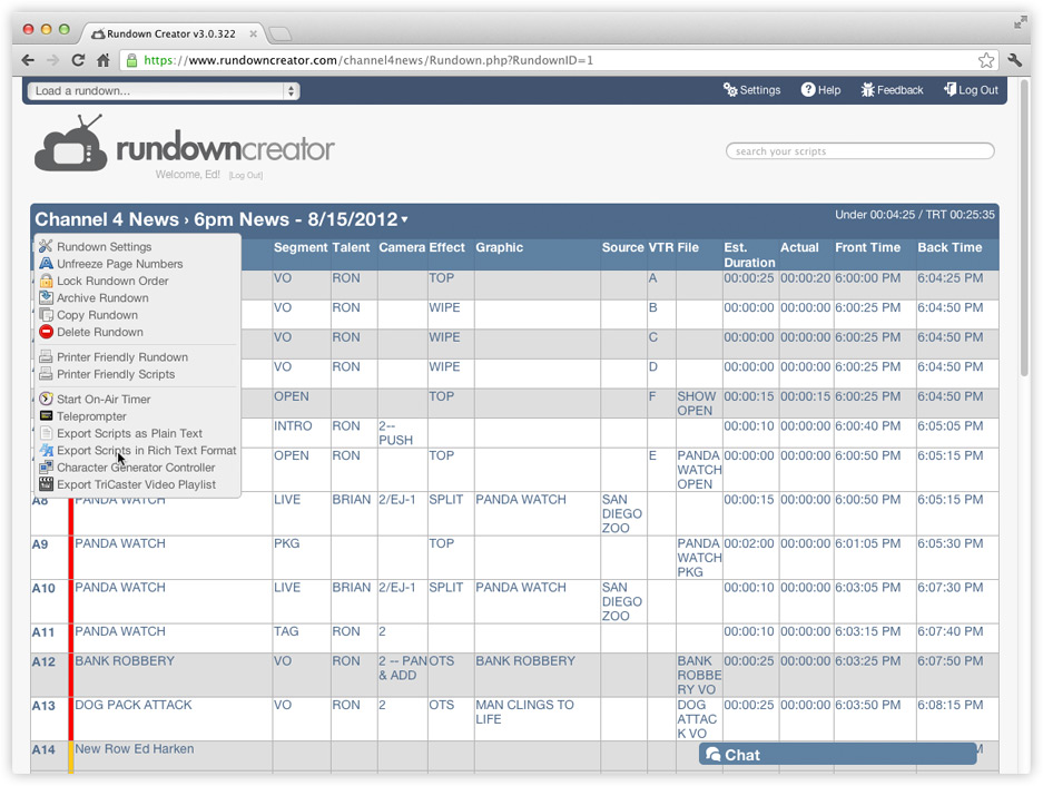 Rundown menu