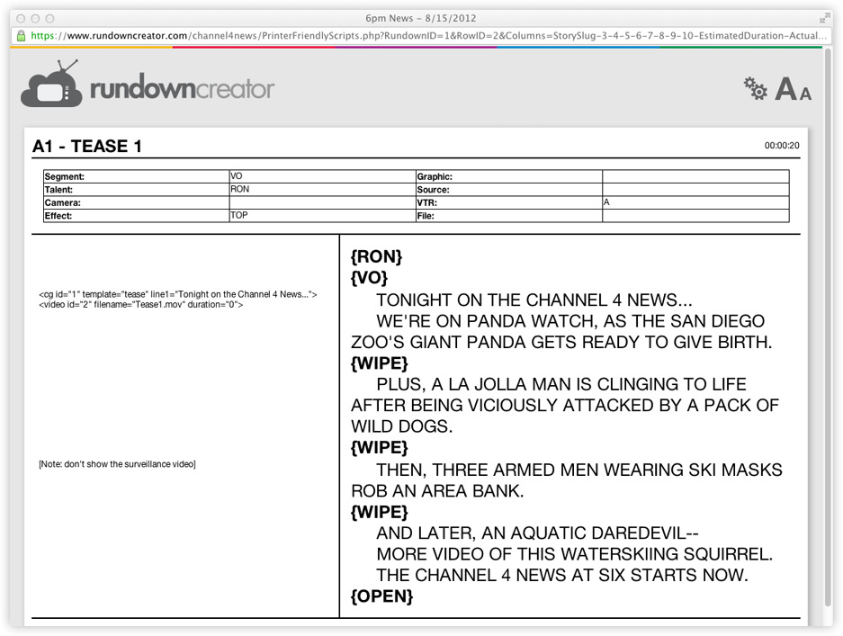 Printer friendly TV/radio scripts