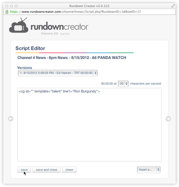 Saving a CG in a script in Rundown Creator