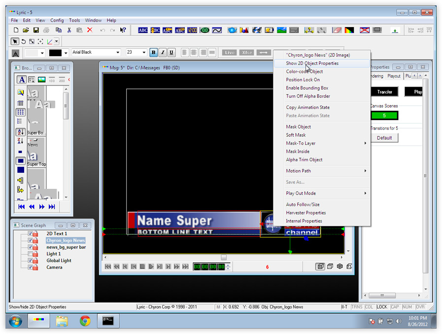 Show 2D Object Properties option in Chyron Lyric