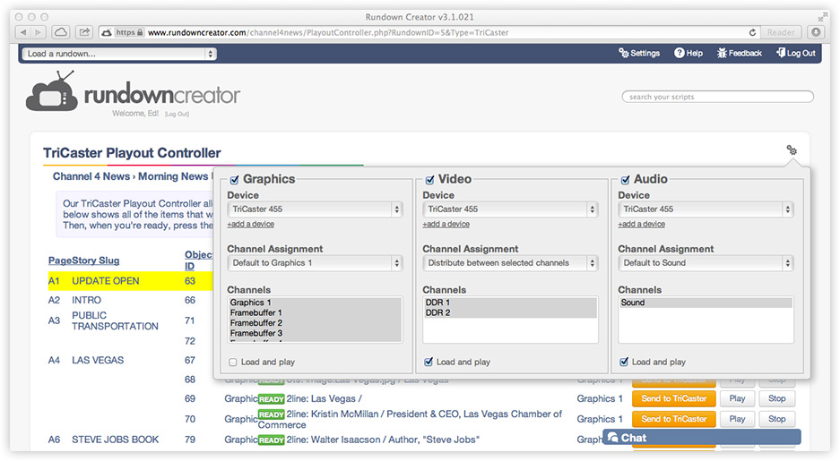 Rundown Creator's TriCaster Playout Controller settings