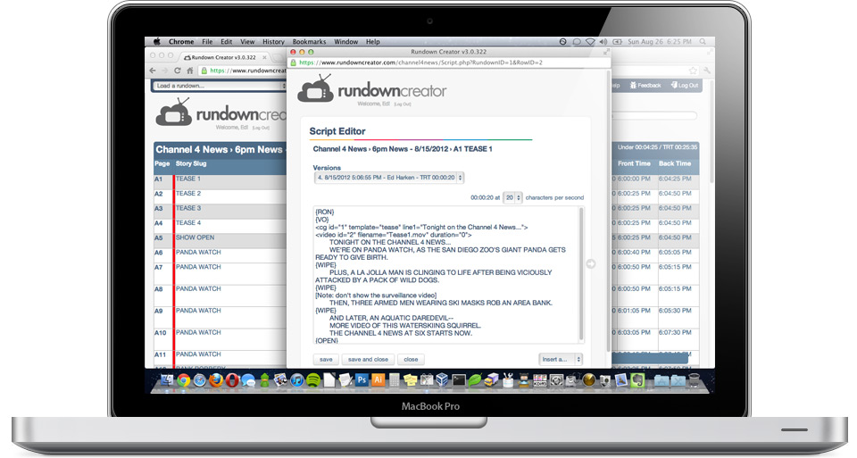 A computer-generated photo of an Apple MacBook Pro with Rundown Creator's rundown and script editor pages running in Google Chrome