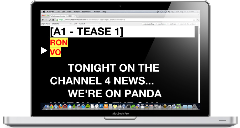 A computer-generated photo of an Apple MacBook Pro with Rundown Creator's teleprompter page running in Google Chrome