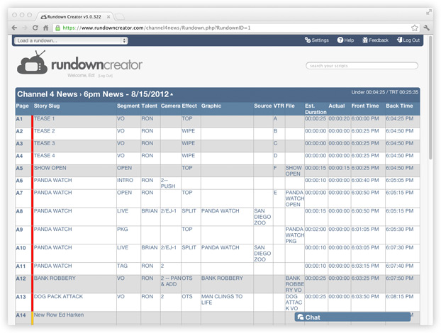 A screenshot of Rundown Creator's rundown page