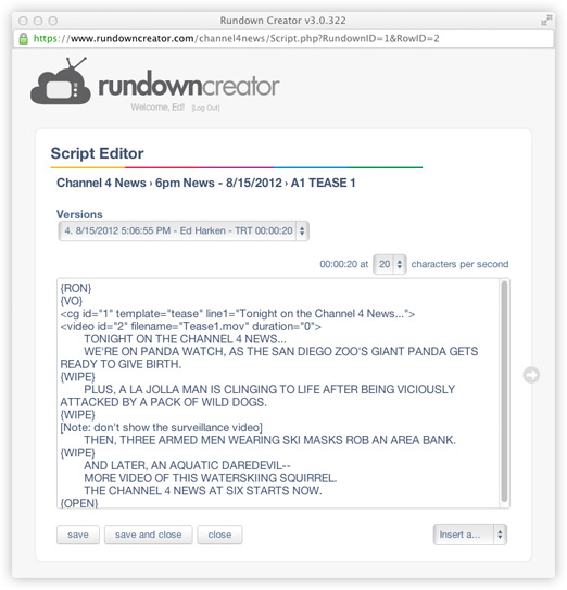 A screenshot of Rundown Creator's script editor