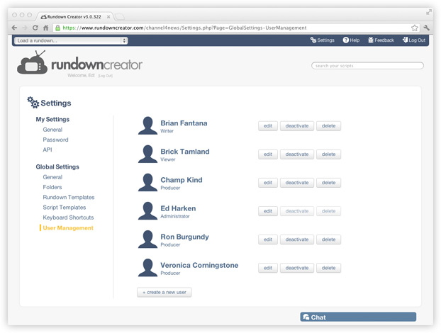 A screenshot showing Rundown Creator's user management page